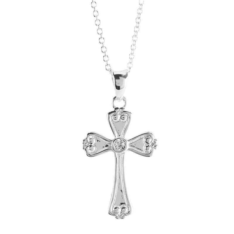 Bud Cross Necklace with Crystal, Silver Plated, 18″