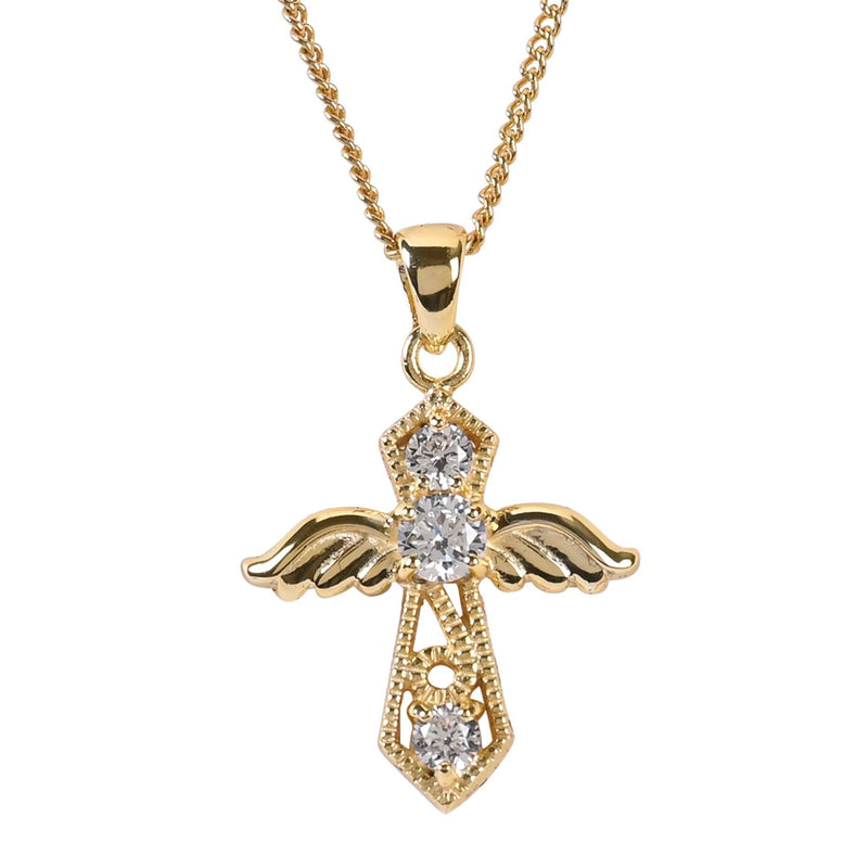Gold-Plated Angel Cross Necklace with CZ, 18″