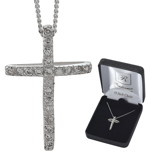 Sterling Silver Bow Cross with CZ Necklace, 18″