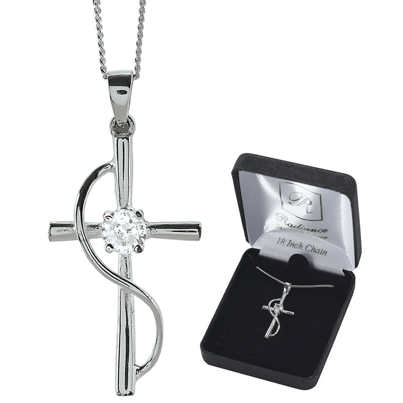 Sterling Silver Cross with Curved Sash Necklace, 18″