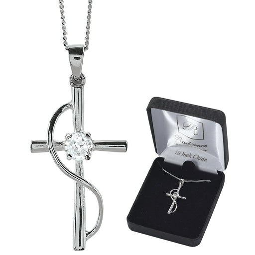 Sterling Silver Cross with Curved Sash Necklace, 18″