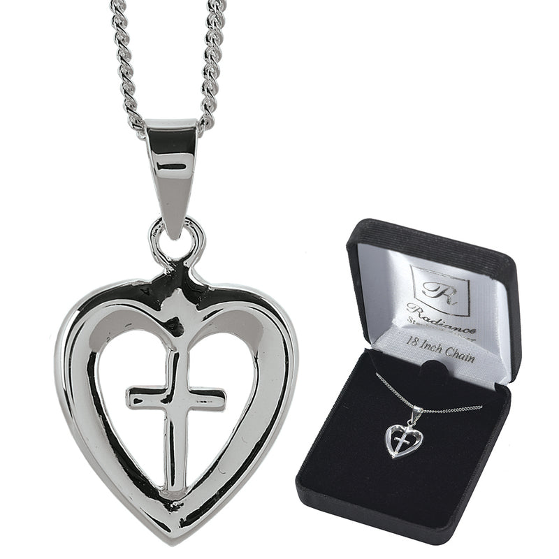 Sterling Silver Beveled Heart and Cross Necklace, 18″