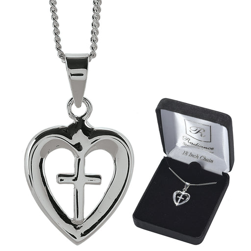 Sterling Silver Beveled Heart and Cross Necklace, 18″