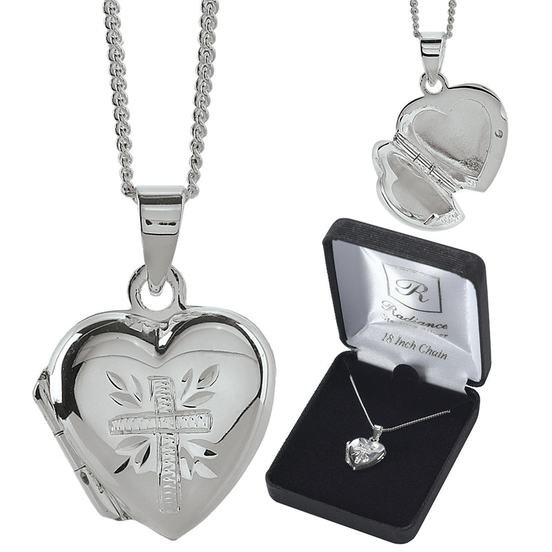 Sterling Silver Engraved Heart Cross Locket Necklace, 18″