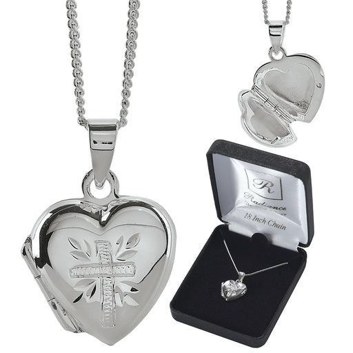 Sterling Silver Engraved Heart Cross Locket Necklace, 18″