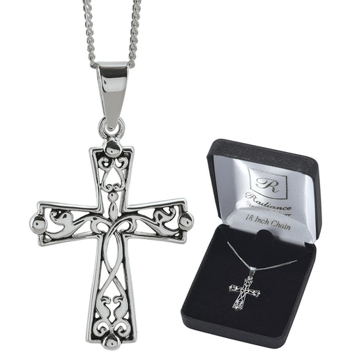 Sterling Silver Filigree Flared Cross Necklace, 18″