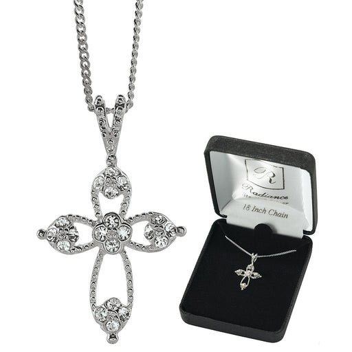 Sterling Silver Open Petal Cross with Floral Stone Clusters Necklace, 18″