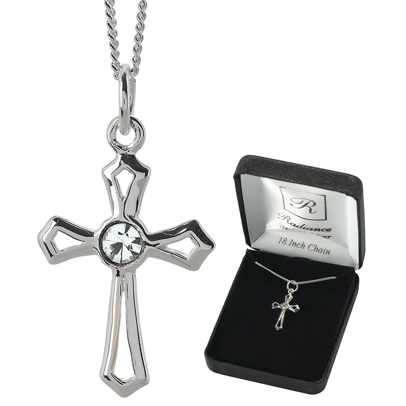 Sterling Silver Open Flared Cross with CZ Necklace, 18″
