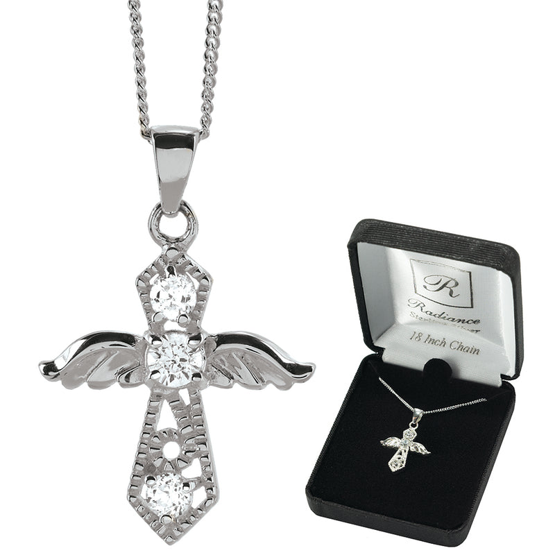Sterling Silver Angel Wing Cross with Three Stones Necklace, 18″
