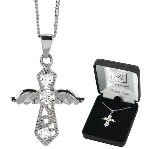 Sterling Silver Angel Wing Cross with Three Stones Necklace, 18″