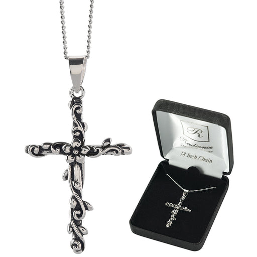 Sterling Silver Floral Vine Cross Necklace, 18″