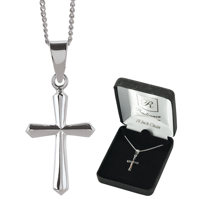 Sterling Silver Simple Beveled Cross Necklace, 18″