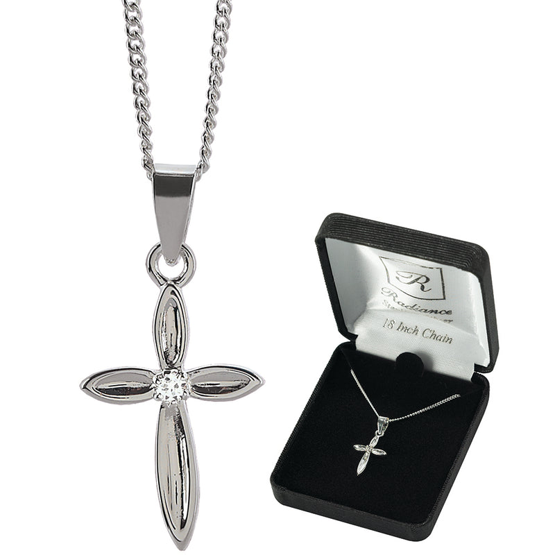 Sterling Silver Petal Cross with Single CZ Necklace, 18″