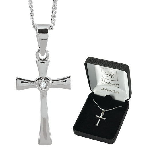 Sterling Silver Flared Cross with Heart and CZ Necklace, 18″