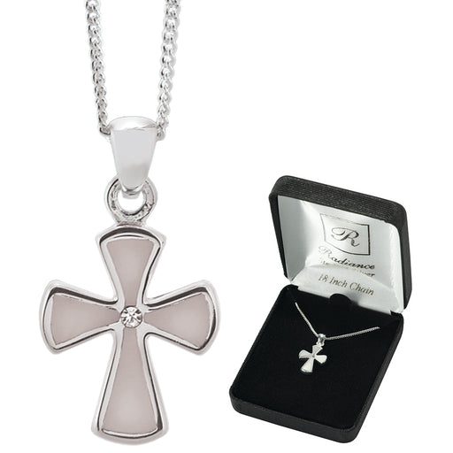 Sterling Silver Mother-of-Pearl Flared Cross Necklace, 18″