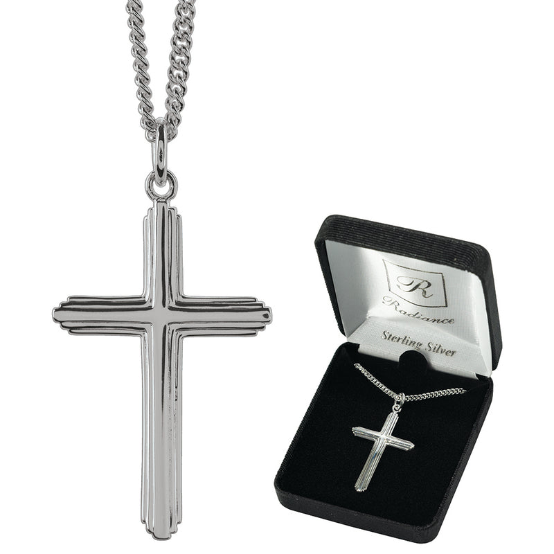 Sterling Silver Ribbed Cross Necklace, 20″