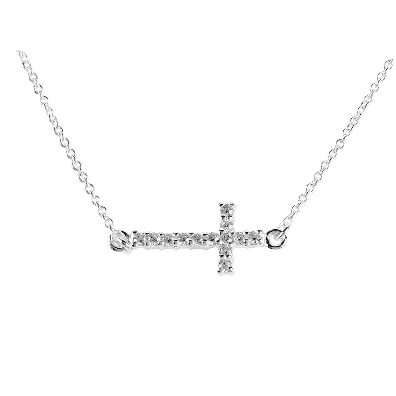 Small Sterling Silver Sideways CZ Cross Necklace, 18″