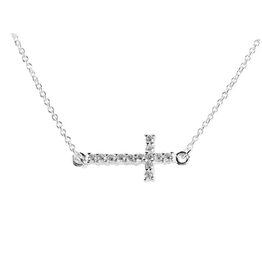 Small Sterling Silver Sideways CZ Cross Necklace, 18″
