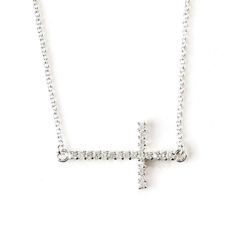 Large Sterling Silver Sideways CZ Cross Necklace, 18″