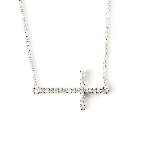 Large Sterling Silver Sideways CZ Cross Necklace, 18″