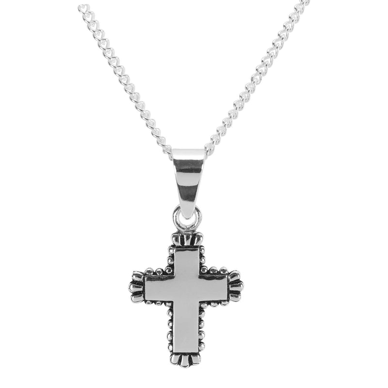 Mini Bud-Trim Cross Necklace, Silver Plated, 13″