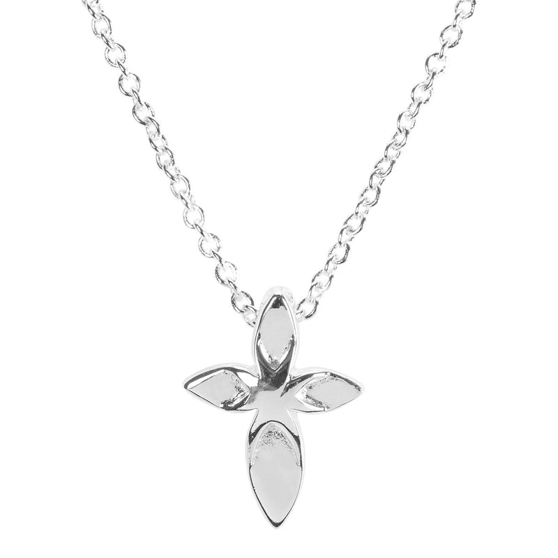 Mini Scalloped Petal Cross Necklace, Silver Plated, 16″