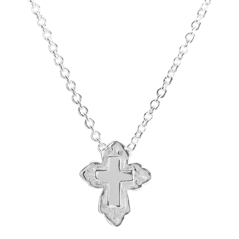 Mini Ornate Bud Cross Necklace, Silver Plated, 16″