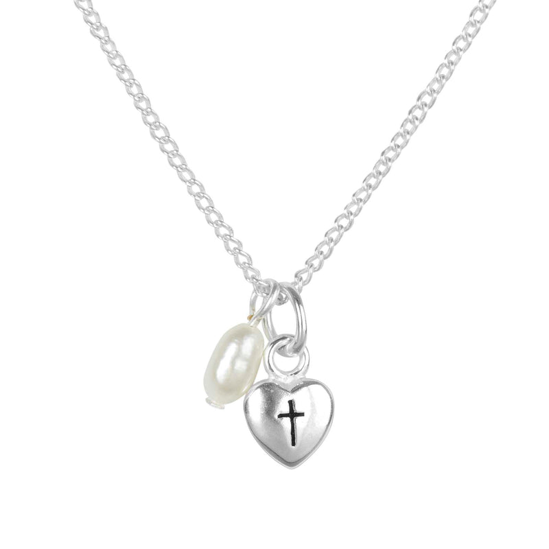 Mini Heart Cross with Freshwater Pearl Necklace, Silver Plated, 16″