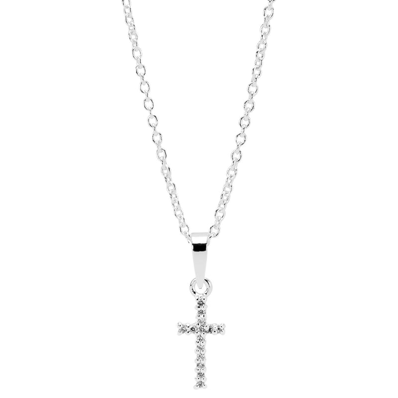 Mini Cross with 14 CZ Stones Necklace, Silver Plated, 16″