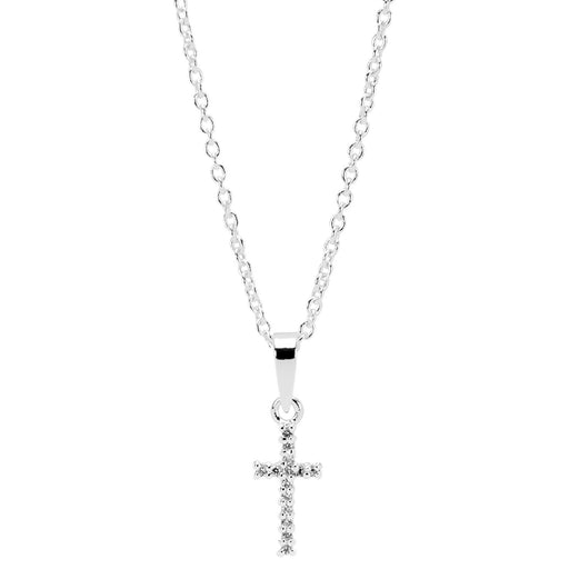 Mini Cross with 14 CZ Stones Necklace, Silver Plated, 16″