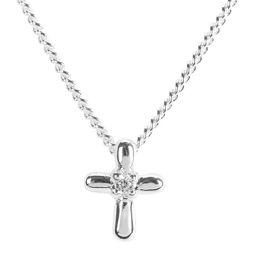 Tiny Petal Cross with CZ Necklace, Silver Plated, 16″