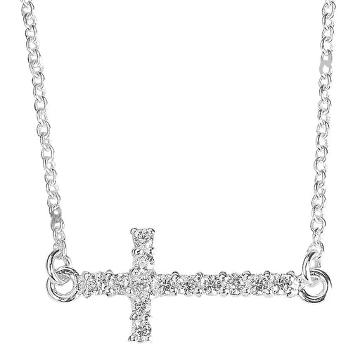 Sideways CZ Cross Necklace, Silver Plated, 16″
