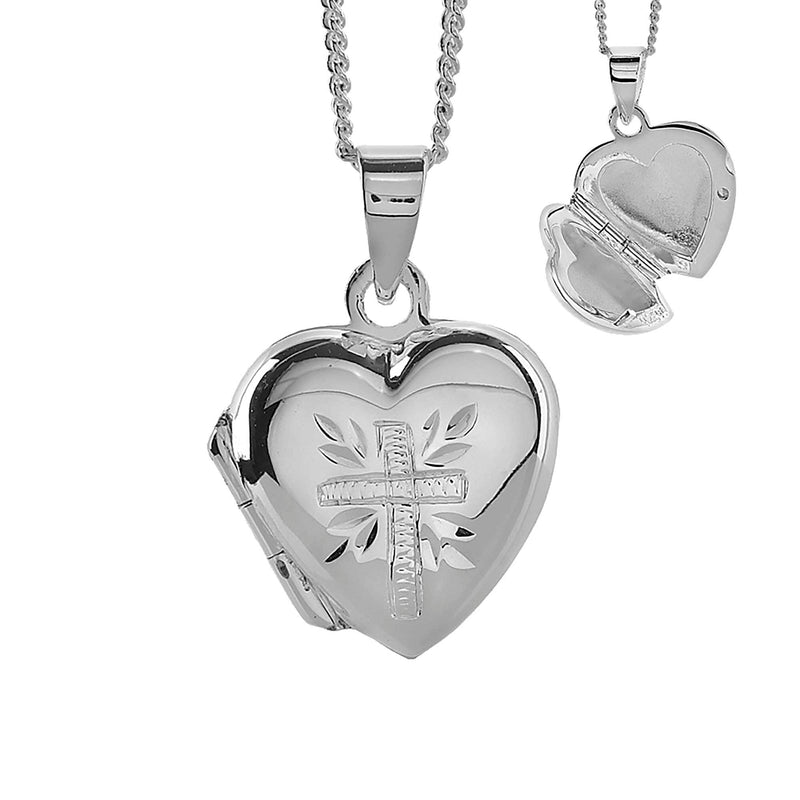 Engraved Heart Cross Locket Necklace, Silver Plated, 16″