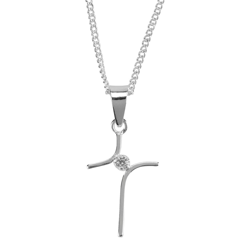 Curved Cross with CZ Necklace, Silver Plated, 16″