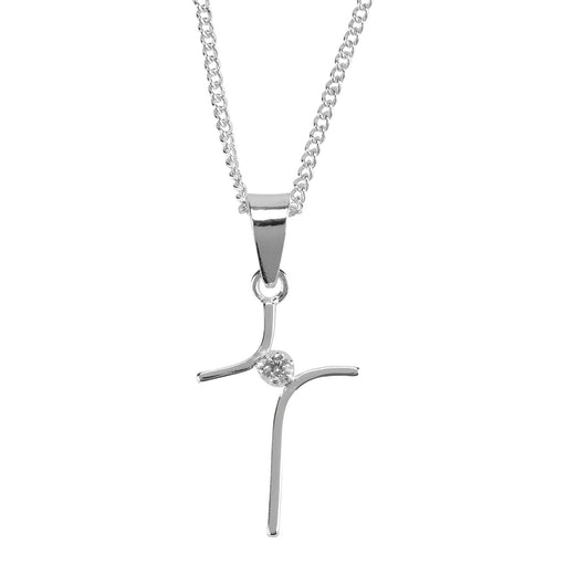 Curved Cross with CZ Necklace, Silver Plated, 16″