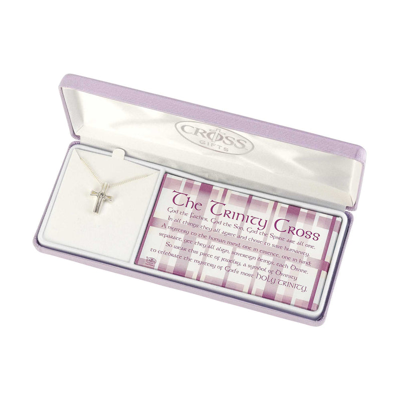Trinity Cross Necklace with Clear Stone, Silver Plated, 18″