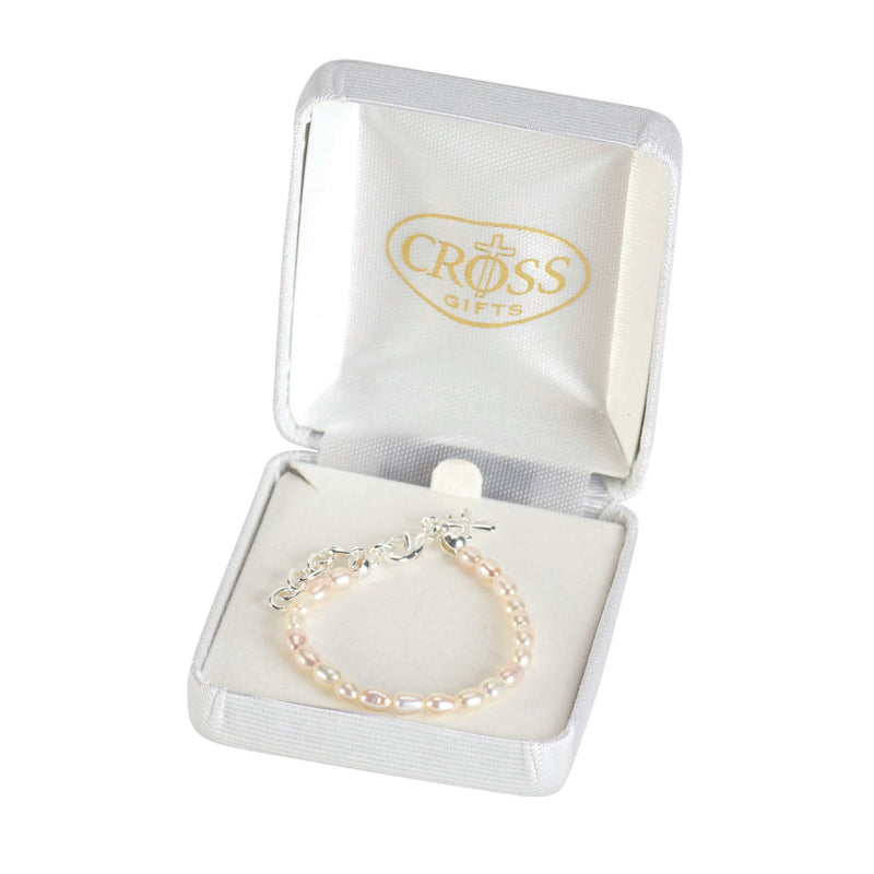 White Pearl Bead and Puff Cross Bracelet, 4″ + Extender