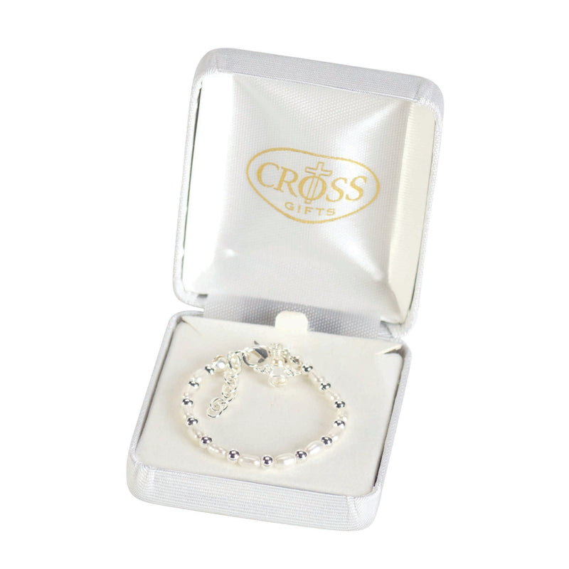 White Pearl Bead and Angel Bracelet, 4″ + Extender
