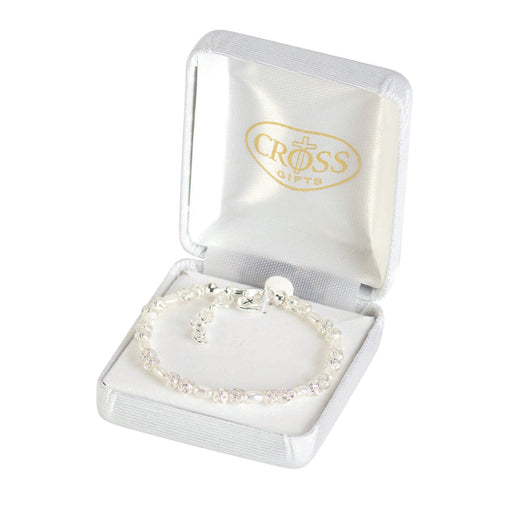 White Pearl Bead and Heart Cross Bracelet, 6″ + Extender