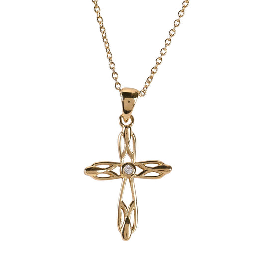 Open Bud Cross with CZ Necklace, Gold Plated, 18″