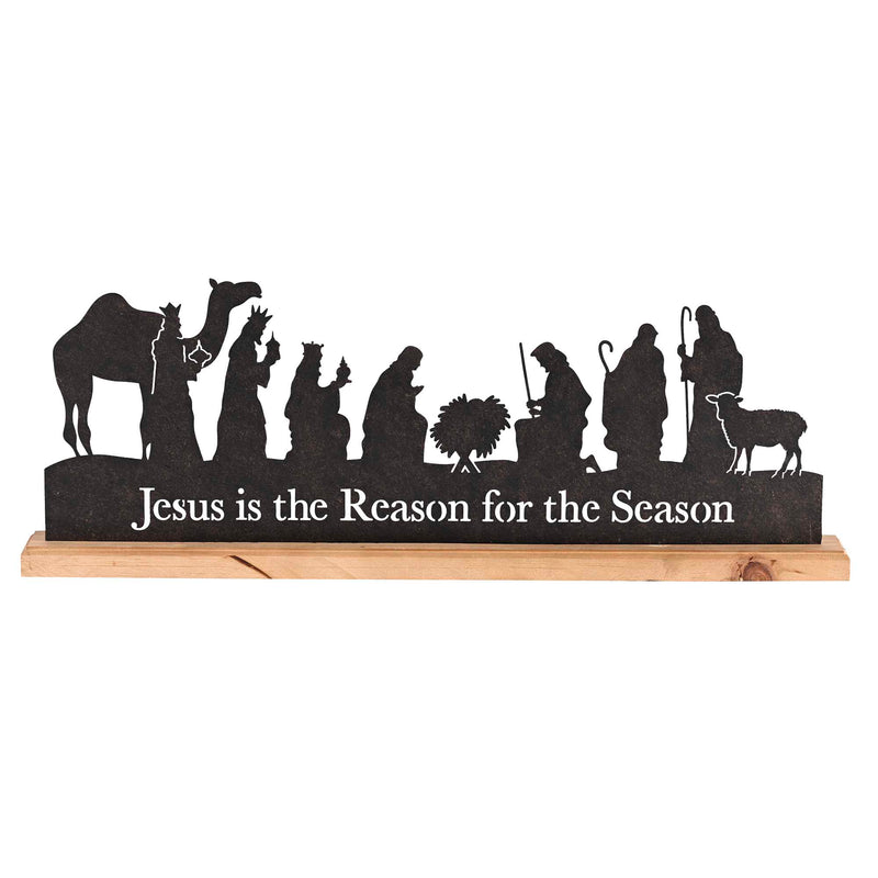 Black Metal Nativity Silhouette on Wood Base