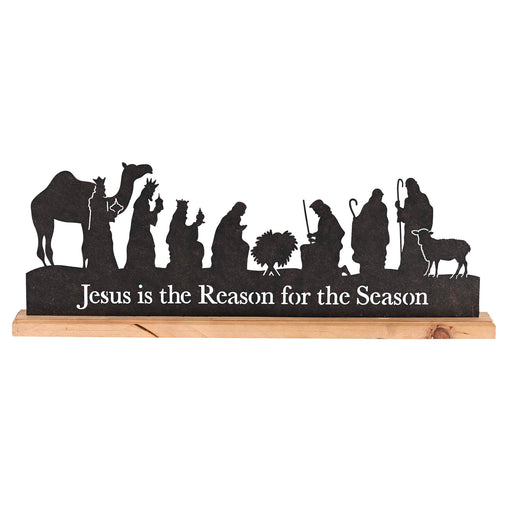 Black Metal Nativity Silhouette on Wood Base