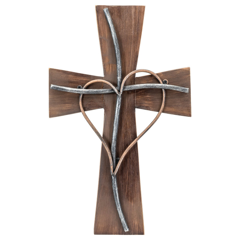 Rustic Wood Wall Cross with Metal Heart, 17 3/4″