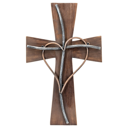 Rustic Wood Wall Cross with Metal Heart, 17 3/4″