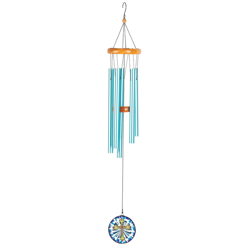 Stained Glass Cross Wind Chime in Blue and Yellow