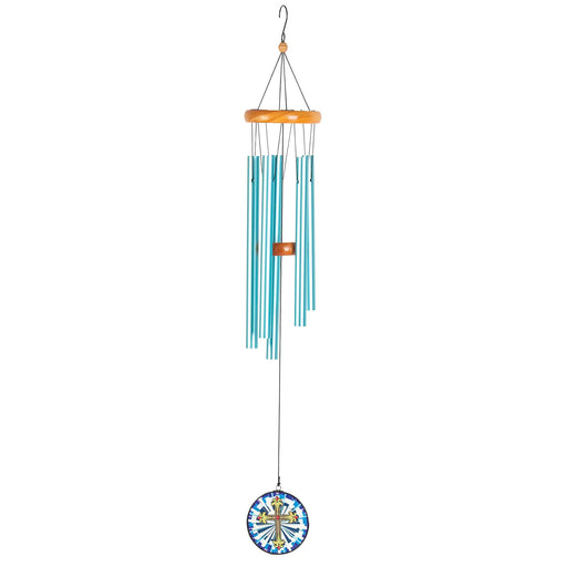 Stained Glass Cross Wind Chime in Blue and Yellow