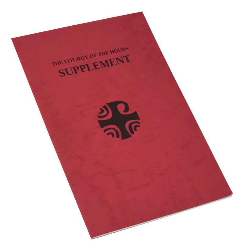Red book titled 'The Liturgy of the Hours Supplement' with a black cross symbol on a white background