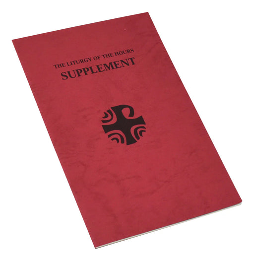 Red book titled 'The Liturgy of the Hours Supplement' with a black cross symbol on a white background