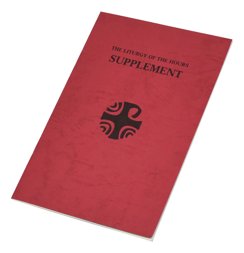 Red book titled 'The Liturgy of the Hours Supplement' with a black cross symbol on a white background