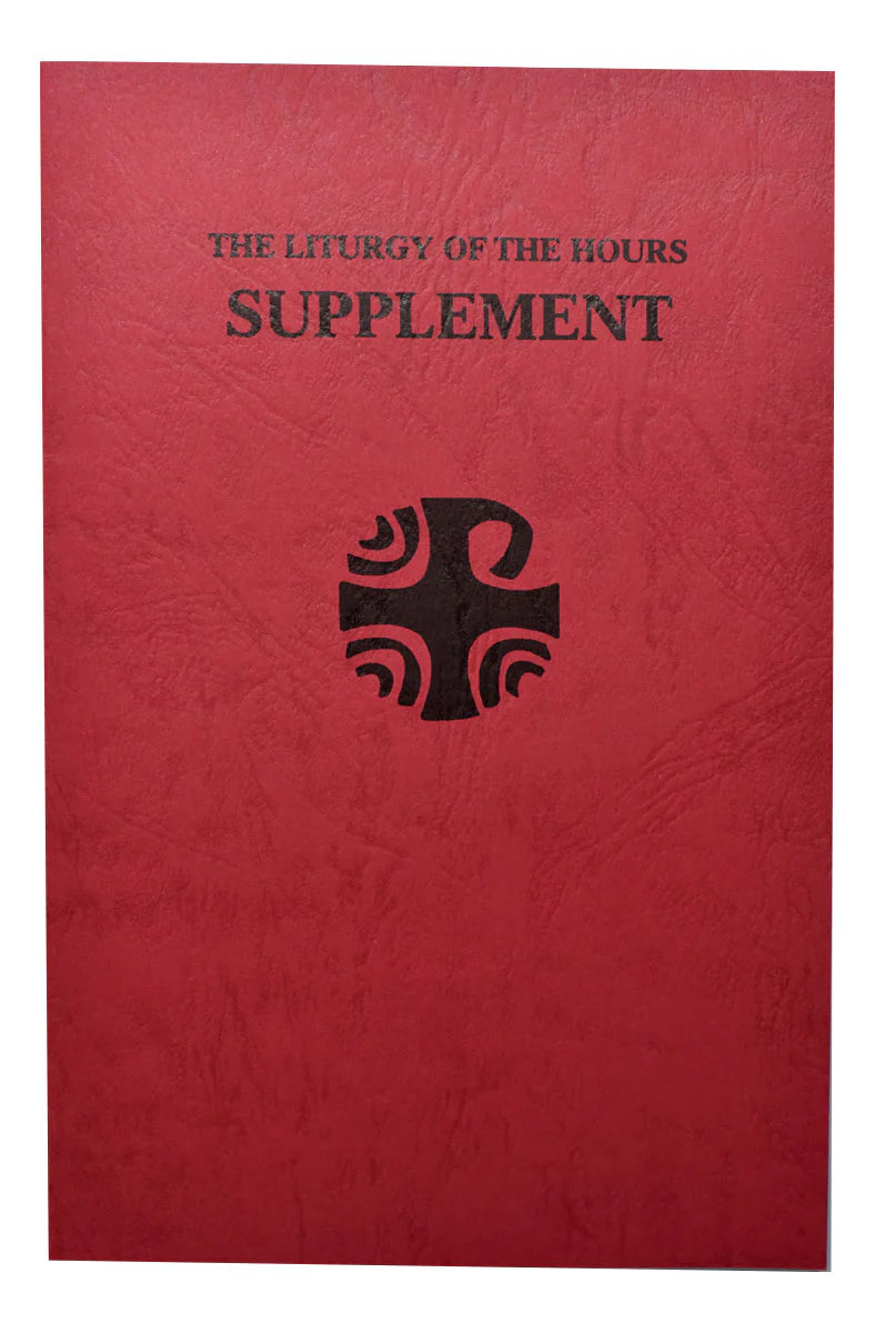 Red book cover with black text and symbol, titled 'The Liturgy of the Hours Supplement'.